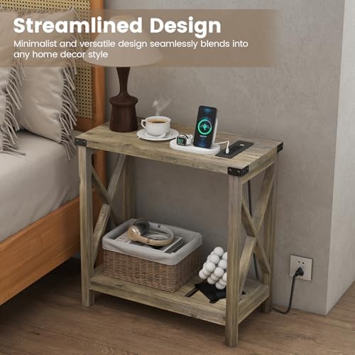 Hadulcet Farmhouse End Tables Living Room Set of 2 - Narrow Side Table with Charging Station, Slim Nightstand for Small Space, Skinny Bedside Table, Sofa Side Table with Storage Shelf, Elegant Gray - Image 6