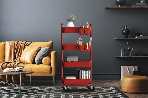 Simple Houseware 4-Tier Rolling Utility Cart with Hanging Bucket, Red - Image 7
