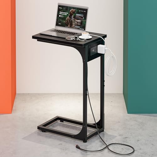 C-Shaped Side Table for Couch - Small Coffee Stand Sofa Tray Desk with Metal Frame Waterproof Scratch Resistant Wood Top and Built-in Charging Station, Black by RISWER