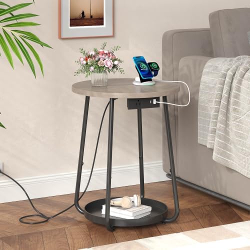 sthmec Small Round Side End Table with Storage and Charging Station, 2 Tier Round Bedside Sofa Couch Coffee Tables with Tray, Metal Nightstand for Small Spaces, Living Room Bedroom, Grey - Image 7