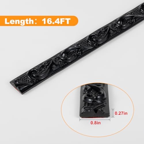 Black Peel and Stick Crown Molding Trim, 0.8" x 16.4 FT (1 Pack), Flexible Self-Adhesive Wall Trim with Floral Pattern for Mirrors, Walls, Furniture Decor - Image 2