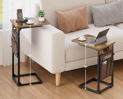 Vagusicc C Shaped End Table with Charging Station, Adjustable Height Side Table for Couch, Small Sofa Table with Storage Bag, Slide Under Sofa TV Tray Snack Arm Tables for Living Room, Bedroom, Brown - Image 2