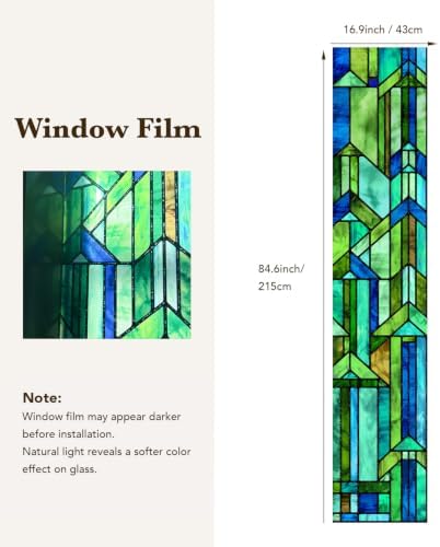 Original Hand Drawn Faux Stained Glass Window Film, Double-Sided Privacy Static Film, Cool Aqua Green Geometry Patterns Inspired by Hollyhock House, Peep Proof 16.93"X84.65" - Image 4