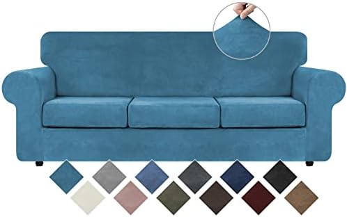 WEERRW 4-Piece Couch Cover for Sofa Velvet Slipcover Washable, Peacock Blue by WEERRW