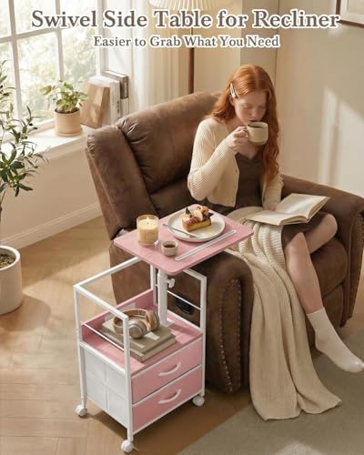 Faesun Swivel Lift Top Nightstand with Charging Station, Rolling Side Table for Recliner, Bedside Table with Wheels & 2 Fabric Drawers, for Small Spaces, for Bedroom, Living Room, Pink - Image 5