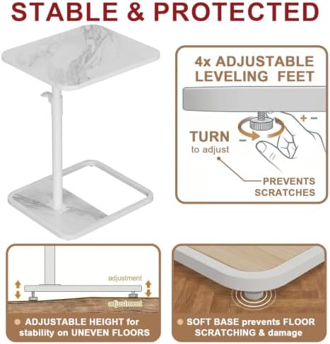GOYLSER Large C Shaped Tv Trays Living Room End Table End Stand, White Marble Minimalist Wooden C Table for Sofa, Height Adjustable Tv Tray Tables Side Table for Dinner Eating - Image 4