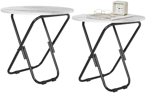 VECELO 17.7" Small Folding Table Set of 2,Round Patio Outdoor Side Table, Foldable Wooden Table with Weather Resistant Steel Frame, Patio Table for Camping Picnic Garden Small Space by VECELO