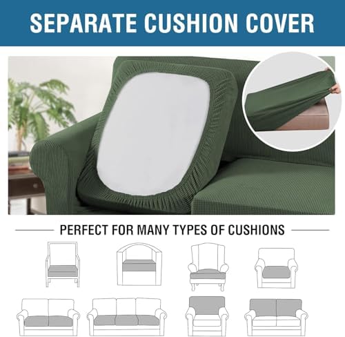 H.VERSAILTEX 4 Piece Stretch Sofa Covers for 3 Cushion Couch Covers for Living Room Furniture Slipcovers (Base Cover Plus 3 Seat Cushion Covers) Thicker Jacquard Fabric (Large Sofa, Bronze Green) - Image 5
