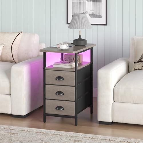 sthmec End Table with Charging Station,LED Side Tables with USB Ports and Outlets,Narrow Nightstands Bedside Tables with 3 Drawers for Small Space,Slim Sofa Table for Livingroom,Grey - Image 2