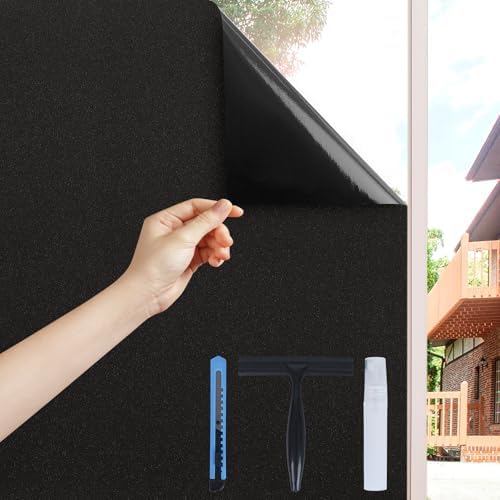 Volcanics Blackout Window Film with Installation Tools, Privacy Frosted Sun Blocking Black Window Cover Room Darkening Window Tint for Home Static Cling 100% Light Blocking 35.4 x 78.7 Inches by Volcanics