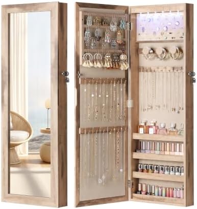 Nicetree 6 LEDs Jewelry Armoire, Hanging Mirror Jewelry Cabinet, Oak by Nicetree