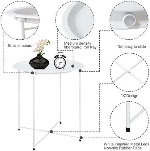 Garden 4 you End Table Metal Side Table White Round Folding Tray Cyan Sofa Small Accent Fold-able Table, Round End Table Tray, Next to Sofa Table, Snack Table for Living Room and Bed Room - Image 7