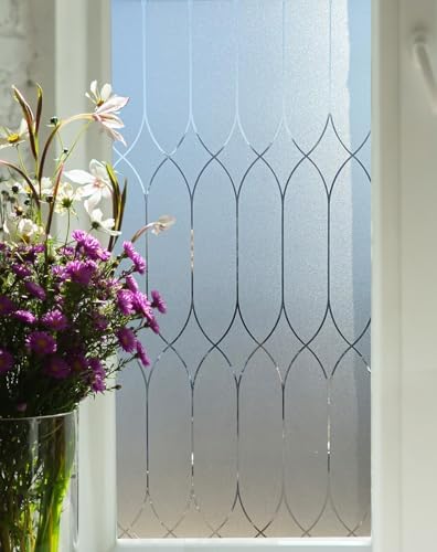 Privacy Window Film Decoration, Heat Control Window Tint for Home, Static Cling Glass Door Coverings Window Sticker Removable Non-Adhesive UV Blocking, Frosted Film w/Clear Morocco Lines, 35.4"x118" by Jahoot