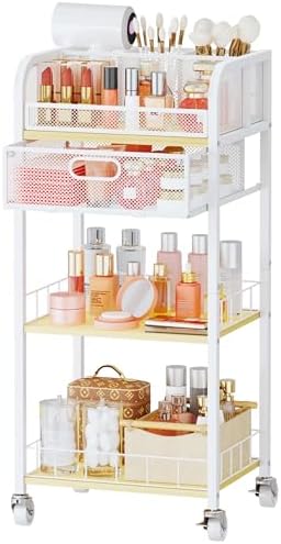 HapiRm Makeup Organizer Storage Cart - 4 Tier Skincare Make Up Storage with Drawer, Rolling Makeup Cart Vanity Organizer Cosmetics Display Cases Holder for Skin Care Perfume Nail Polish Brush by HapiRm