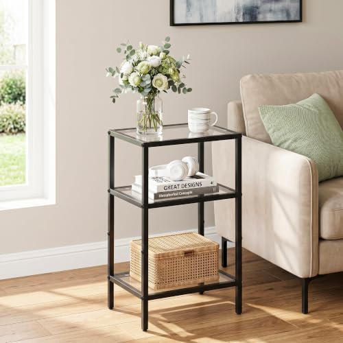 Glass Side Table, Tempered Glass End Table, 3-Tier Nightstands with Open Shelves, Small Coffee Table with Modern Style, Accent Table Small Table Sofa Table for Living Room, Bedroom, Black - Image 2