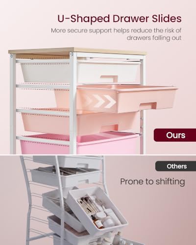 VASAGLE Rolling Cart with Drawers,5 Drawers Storage Cart, Pink - Image 4