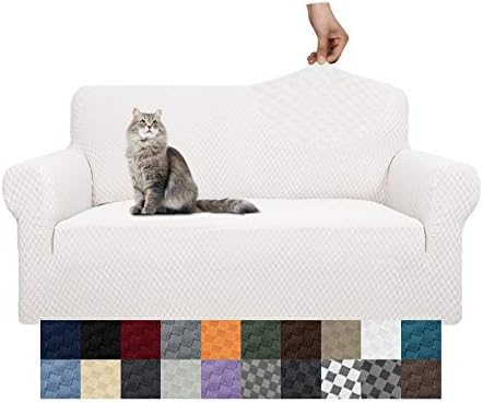 YEMYHOM Couch Cover Latest Jacquard Design High Stretch Sofa Covers for 2 Cushion Couch, Pet Dog Cat Proof Loveseat Slipcover Non Slip Magic Elastic Furniture Protector (Medium, White) by YEMYHOM
