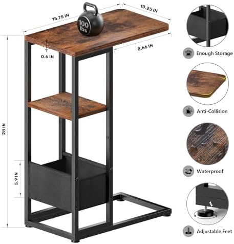 C Shaped End Table, Small Side Table for Couch, Recliner, Slide Under Sofa Tray Desk Snack Tables with Storage Bag for Living Room,Bedroom, Small Spaces - Rustic Brown - Image 3