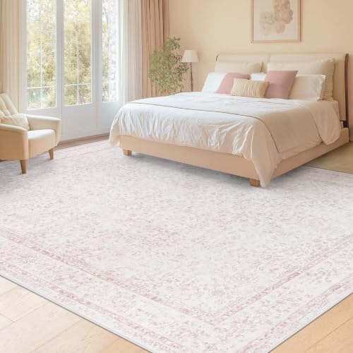 9x12 Area Rugs for Living Room: Washable Large Vintage Floral Rug Low Pile Non-Slip Boho Carpet for Bedroom Home Office Dining Room (Pink, 9'x12') - Image 2