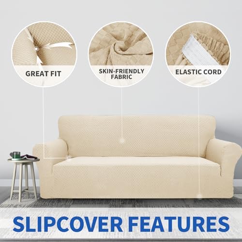 ZNSAYOTX 1 Piece Jacquard Chair Slipcovers for Living Room High Stretch Chair Covers with Arms Anti Slip Pets Friendly Couch Sofa Armchair Cover Furniture Protector (Chair, Light Beige) - Image 5