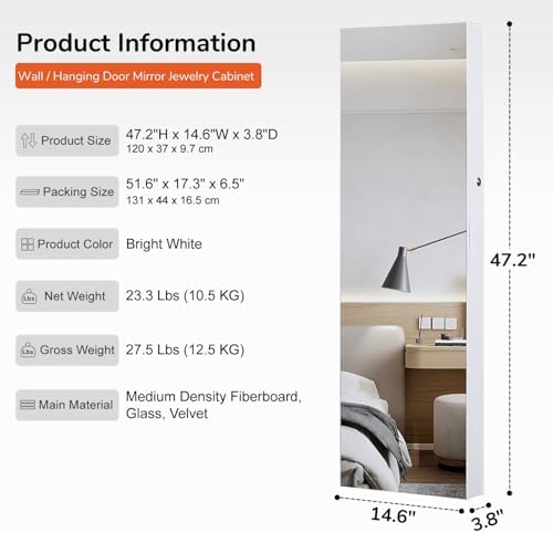GISSAR Full Length Mirror Jewelry Cabinet, 6 LEDs Jewelry Armoire Wall Mounted Over The Door Hanging, Jewelry Organizer Storage with Lights Lockable, Bright White, 14.6" x 47.2" - Image 5