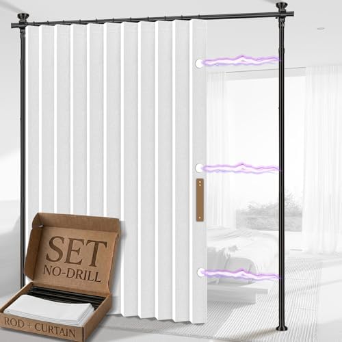 AJAZZ Privacy Curtains for Room Divider with Blackout & Soundproof (White, W100 x L96 in, 1 Panel)+ No Drill Curtain Rod(H) 43-120×(W) 35-100 in, Wall Divider for Bedroom/Studio/Office Curtain by AJAZZ