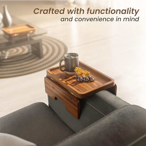 HOLANA 13.75" Acacia Sofa Arm Tray Table, Double Hinge, Natural Wood Color - Image 6