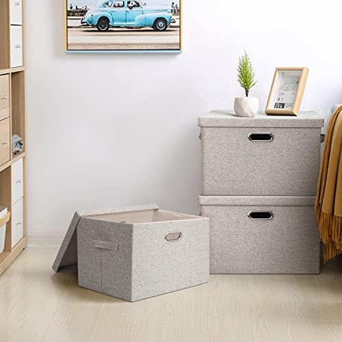 Graciadeco Large 17 36 Quart Collapsible Stackable Storage Bins with Lids, 1 Pack Beige Foldable Fabric Closet Storage Boxes with Lids, 4 Handles Toy Heavyduty Dark Gray Linen Storage Cube Box - Image 6