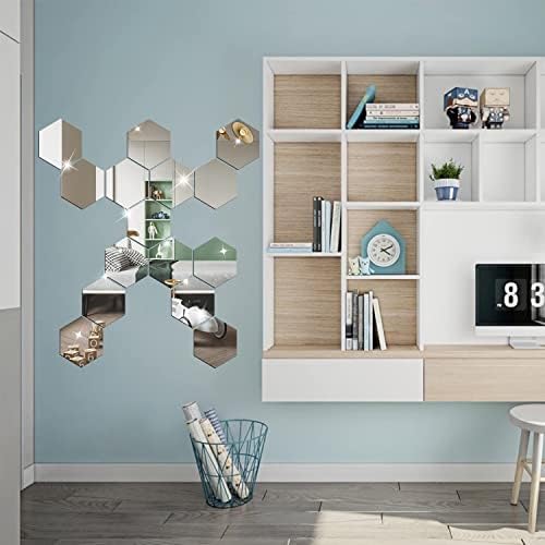 DIY Wall Decals Acrylic Mirror Sticker Set 12 Pcs, Hexagon Mirror Wall Stickers for Living Room Bedroom Decor (Silver) - Image 4