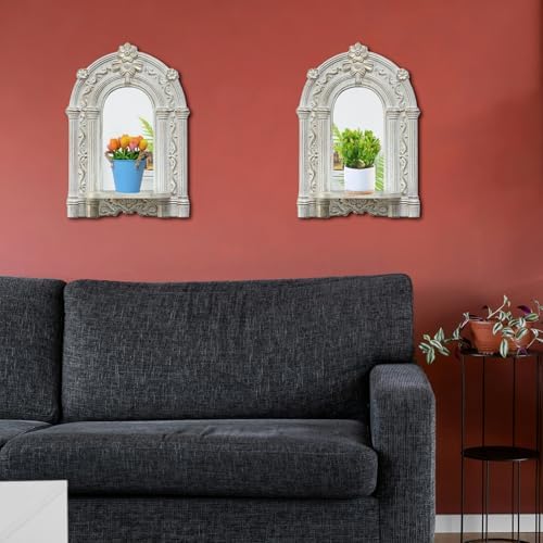 2 Set Vintage Candle Wall Sconce for Home Decor Living Room Bedroom Office Wood Antique Mirrored Victorian Mounted Candlestick Wall Holder Relief Hanging Decor -White 11.8in - Image 7