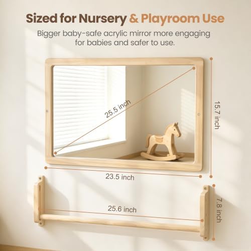 Montessori Mirror with Pull Up Bar, 23.6 x 15.7 in Natural Wood Frame & Shatter-Resistant Acrylic Baby Mirror for Floor and Wall, Tummy Time and Pull-to-Stand Practice - Image 5