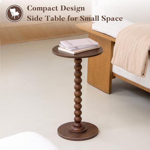 Fultyle Small Round Side Table, Walnut End Table for Small Spaces, Modern Drink Table Accent Table with Solid Wood Leg for Living Room, Bedroom, Corners, and Office (Walnut Brown) - Image 4