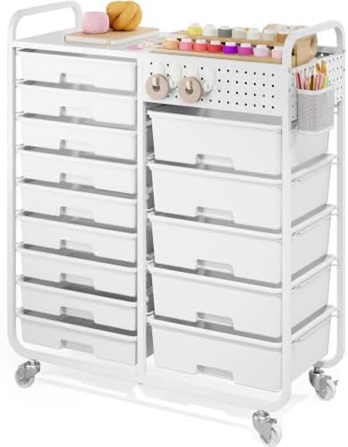 14 Drawer Rolling Storage Cart with Tabletop and Pegboard for Crafts White by APEXCHASER