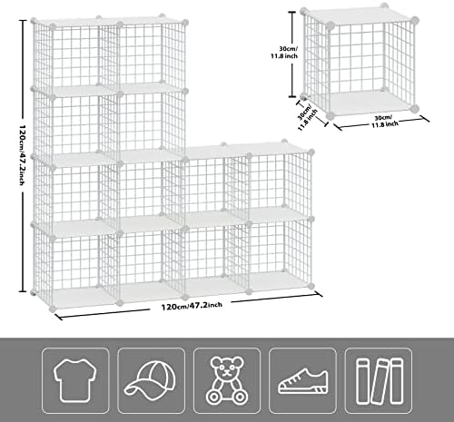 HUBSON Wire Cube Storage Organizer, Book/Toy/Craft/Potted Plants and petCloset Organizers and Storage Shelves, 12-Cube Freely Combinable Metal Grids Storage Shelf,White Plus Iron - Image 3