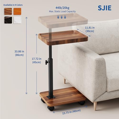 C Table with Wheels, Adjustable Height, 360° Swivel Bed Tray Table - Image 2