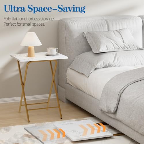 Folding TV Tray Table, Portable Foldable TV Dinner Tray on couch, Space-Saving Snack Serving Sofa Side Table, Easy to Fold Stable TV Trays for Living Room, Bedroom, Small Spaces (White Marble + Gold) - Image 6