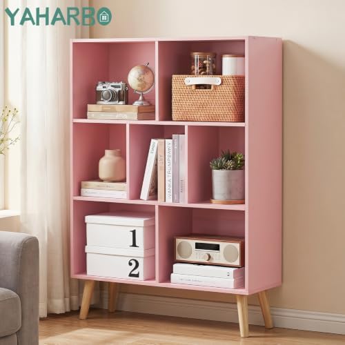 YAHARBO Light Pink Bookshelf,3 Tier Book Shelf with Legs, 7 Cube Minimalist Bookcase,Storage Organizer Shelves Display Bookcases for Bedroom,Living Room - Image 3