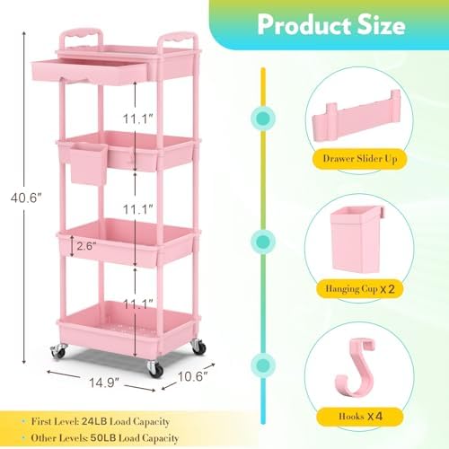 SUNALLY Makeup Cart Organizer with Drawer, 4 Tier Rolling Makeup Cart, Pink - Image 2