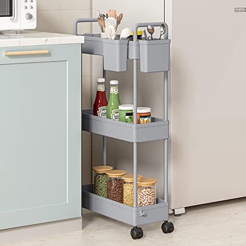 SOLEJAZZ Slim Rolling Storage Cart Skinny Bathroom Organizer, 3 Tier, Gray - Image 4