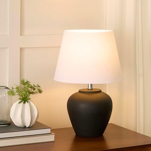 Nourison Home 20" Black Matte Ceramic Table Lamp with Fabric Shade, Bedside Nightstand Lamp for Bedroom, Living Room, Entryway - Image 3