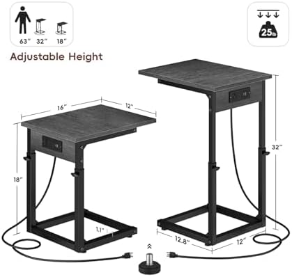 Vagusicc C Shaped End Table with Charging Station, 33" Tall Side Table for Couch, Adjustable Height C Table End Table, Couch Table Slide Under Sofa Table TV Tray Table for Living Room, Gray Walnut - Image 2