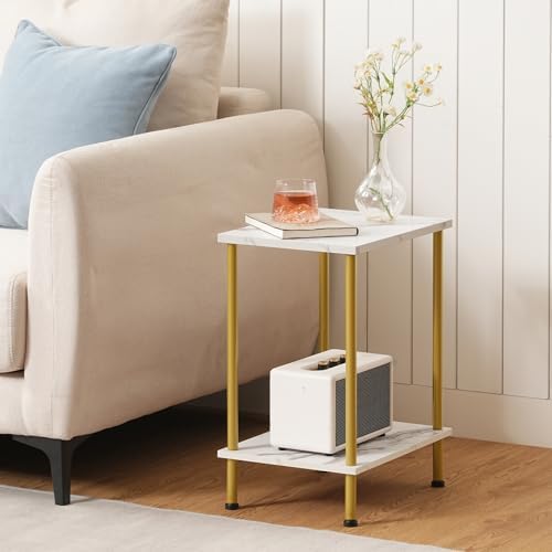 HOOBRO End Tables Set of 2, Small Side Table, Nightstand with 2-Layer Storage Shelves, Sofa Table for Small Spaces, Living Room, Bedroom, Stable Frame, Easy Assembly, Gold and Marble DM09BZP201 - Image 4