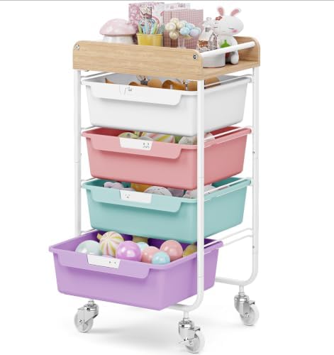 SYKIARIOL Rolling Utility Storage Cart,4 Labeled Ice Cream Colored Drawers by SYKIARIOL