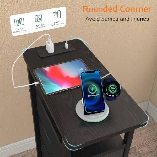 sthmec Side Table with Charging Station, Narrow End Table with 4 Drawers, Small Nightstands with Fabric Drawers,Slim Sofa Couch Side Tables for Small Spaces,Living Room,Bedroom, Black - Image 4