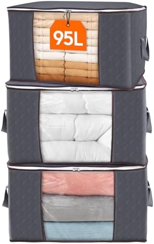 Lifewit 3 Pack 90L Clothes Storage Bins with Lids, Foldable Blanket Storage Bags with Zippers, Clear Window and Reinforced Handles, Closet and Organization for Clothing, Sweater, Comforter, Bedding by Lifewit