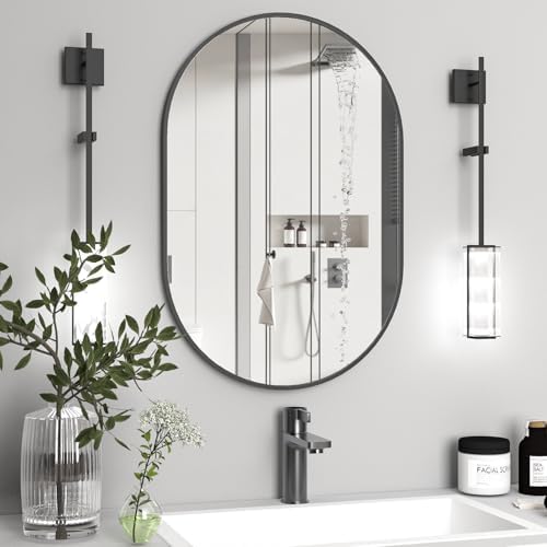Oval Bathroom Mirror Capsule Wall Vanity Mirror, 24"x36" Pill Mirrors Wall Mounted Mirror, Large Modern Mirror with Black Metal Frame, Decor for Entryway, Bedroom, Living Room by NEUWEABY