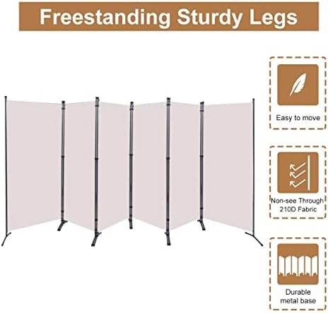 6 Panel Folding Room Divider,204" W x 71.3" H Portable Privacy Screen,Beige - Image 5