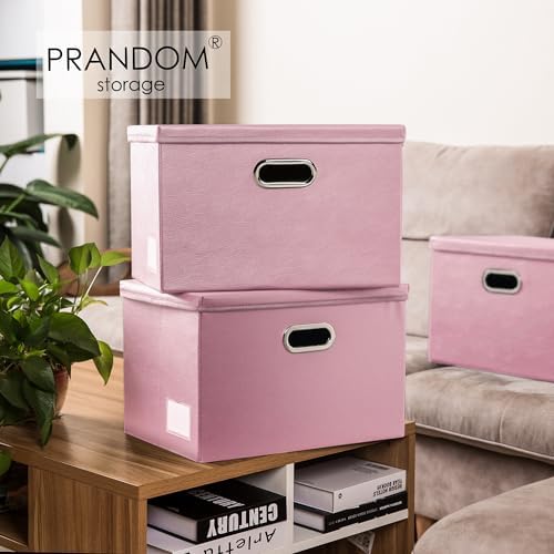 PRANDOM Large Collapsible Storage Box with Lid [1-Pack] Leather Fabric Foldable Storage Bin Organizer Container Basket Cube with Cover for Home Bedroom Closet Office Nursery Pink (17.7x11.8x11.8) - Image 2