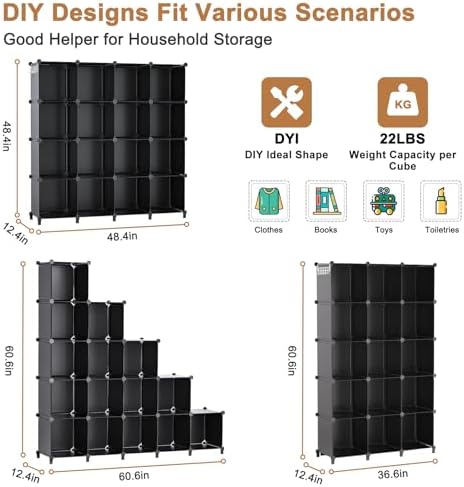 Neprock 16 Cubby Storage Organizer, Closet Clothes Storage Organizer, Cube Shelves Closet Organizers and Storage Shelves for Clothing Storage with Hammer, Bookshelf for Kids（Black） - Image 3