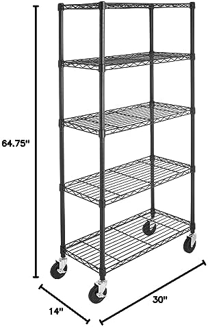 Amazon Basics 5-Shelf Heavy Duty Garage Shelving Storage Rack with 4" Wheel Casters, Adjustable Metal Wire Organizer, 300 lbs Per Shelf, 30" x 14" x 64.75", Black - Image 3